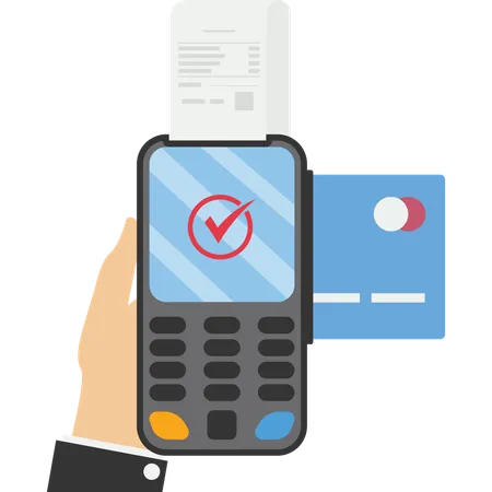 Hand Holds A Validator Machine With A Check And A Payment Card Completed Operation Icon On Screen Illustration