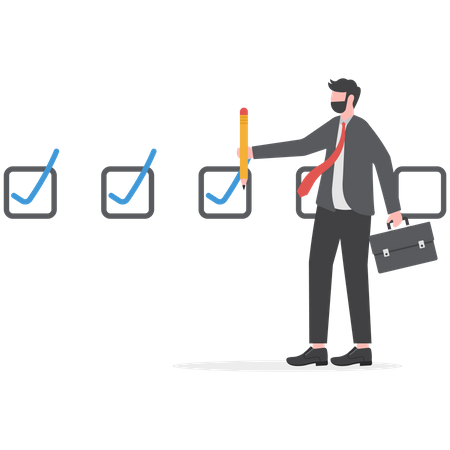 Businessman pencil-categorized sticky notes work on completed checkbox to reach goal  イラスト