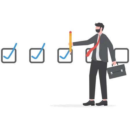 Businessman Pencil Categorized Sticky Notes Work On Completed Checkbox To Reach Goal Finished Checklist Project Progression Progress To Target Concept Vector Illustration