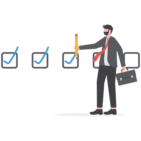 Businessman pencil-categorized sticky notes work on completed checkbox to reach goal  Illustration