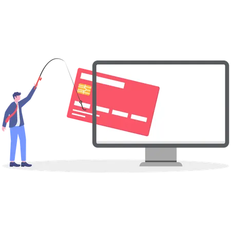 Businessman phishing credit card from computer  Illustration