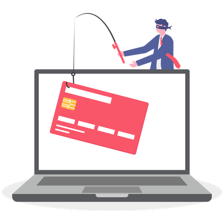 Businessman phishing credit card from laptop  Illustration