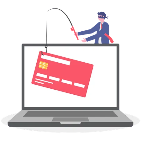 Businessman phishing credit card from laptop  Illustration