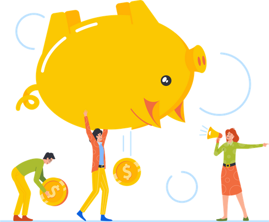 Businessman Pick Up Coins Falling From Piggy Bank  Illustration