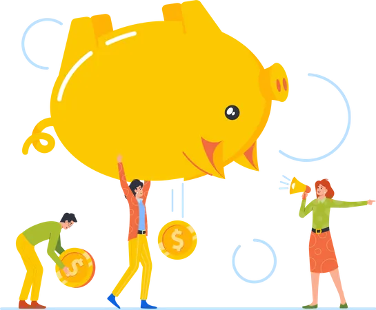 Businessman Pick Up Coins Falling From Piggy Bank  Illustration