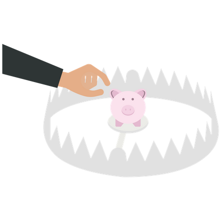 Businessman picks a piggy bank in a trap  Illustration