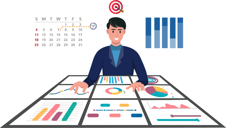 Businessman place hands on chart showing statistics  Illustration