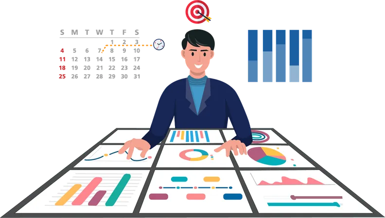 Businessman place hands on chart showing statistics  Illustration