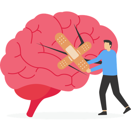 Businessman placing bandage on brain injury  Illustration