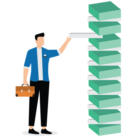 Businessman placing wooden block in tower trying to be careful with all tasks and achieve targets in business  Illustration