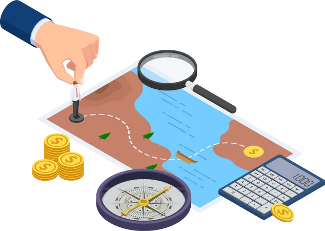 Flat 3 D Isometric Businessman Planning The Way To Success On Treasure Map With Compass Calculator Magnifying Glass Business Planning Concept Illustration