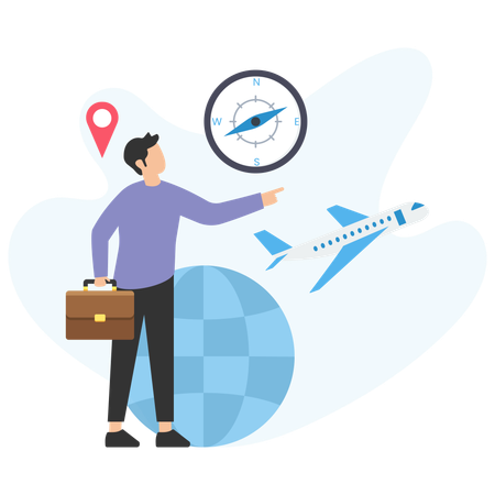 Businessman planning international travel with compass and airplane  Illustration