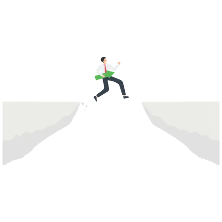 Find A Strategy Or A Way To Achieve Goals Career Growth Business Planning To Overcome Difficulties Creative Motivation To Succeed A Man With A Direction Arrow In His Hand Is Jumping From A Cliff Vector Illustration
