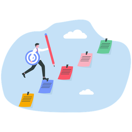 Businessman planning with pencil-categorized sticky notes work  Illustration