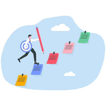 Businessman planning with pencil-categorized sticky notes work  Illustration