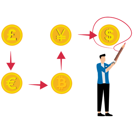 Businessman plans out currency route  Illustration
