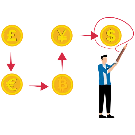 Businessman plans out currency route  Illustration