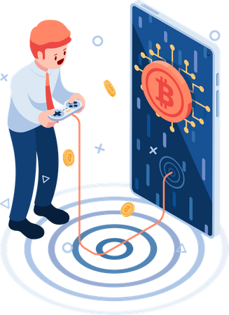 Businessman Playing Crypto Games on Smartphone Illustration