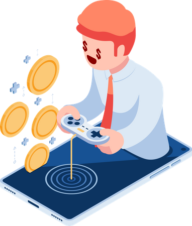 Businessman Playing Games on Smartphone and Earn Money Illustration