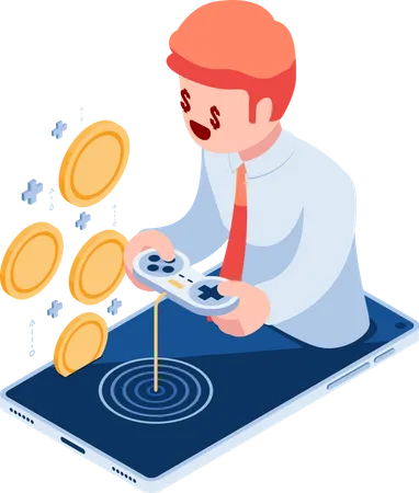 Flat 3 D Isometric Businessman Playing Games On Smartphone And Earn Money Play To Earn Concept Illustration