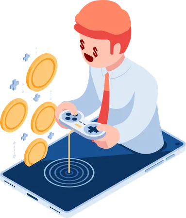 Businessman Playing Games on Smartphone and Earn Money  Illustration