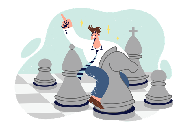 Businessman plays chess sitting on knight chess piece  Illustration