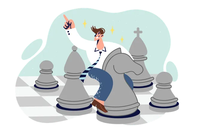 Business Man Plays Chess Sitting Astride Knight Chess Piece Demonstrating Strategic Thinking And Leadership Aspirations Corporate Manager Running Strategic Board Game In Horseman Pose Illustration