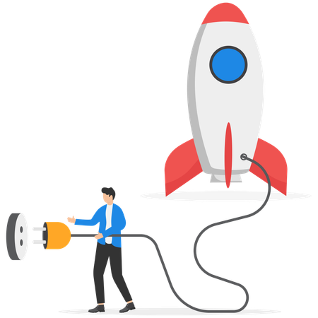 Businessman plugging in startup rocket  Illustration