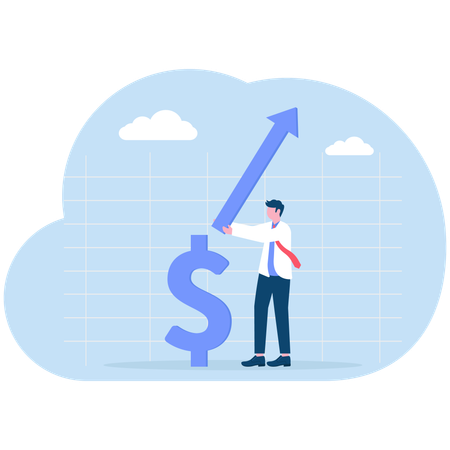 Businessman plugs grow graph arrow on dollar symbol  Illustration