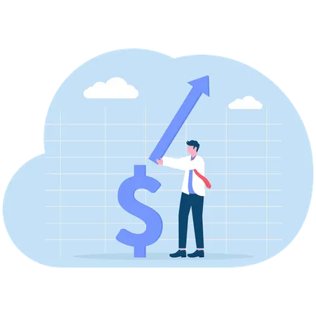 Businessman plugs grow graph arrow on dollar symbol  Illustration