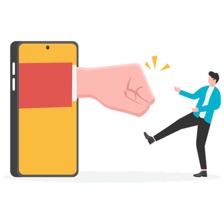 Businessman pointed by giant fingers comes out of cellphone  Illustration