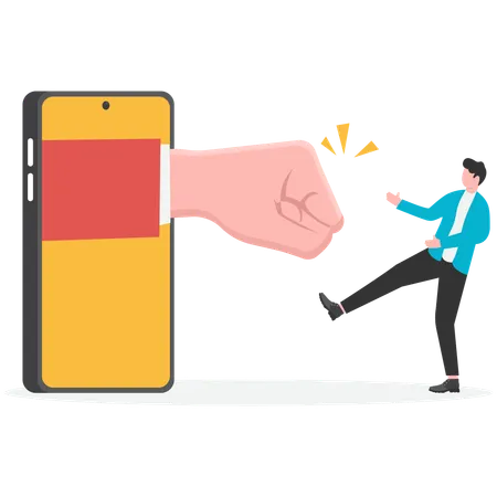 Businessman pointed by giant fingers comes out of cellphone  Illustration
