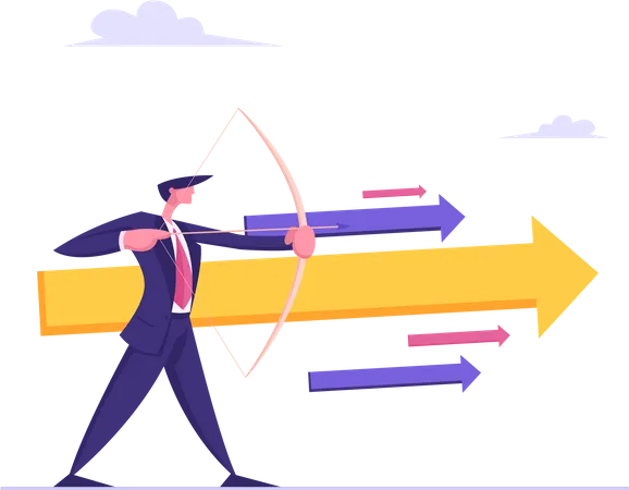 Businessman With Bow And Arrow Aiming Financial Growth Target Profit Benefit Goal Achievement Business Solution Strategy Concept Vector Flat Illustration Illustration