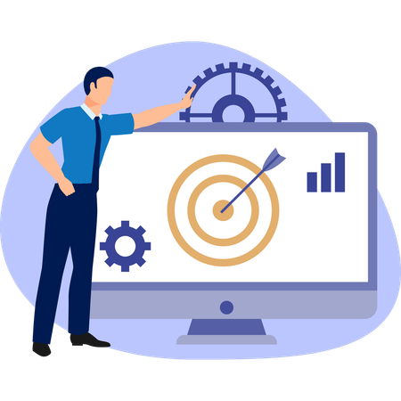 Businessman pointing at a target displayed on a computer screen symbolizing goal setting and achievement in business  Illustration