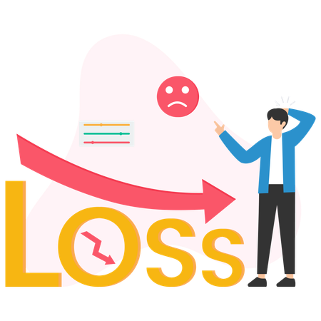 Businessman pointing at loss with downward arrow and sad face  Illustration