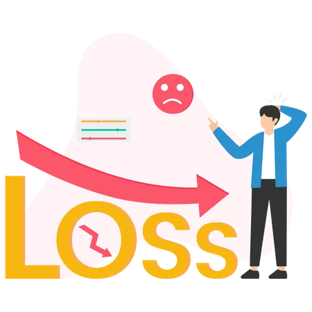 Businessman pointing at loss with downward arrow and sad face  Illustration