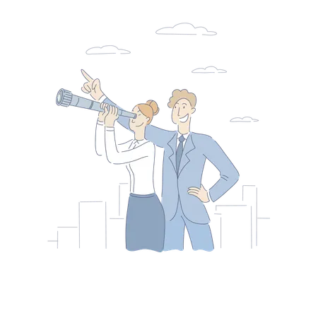 Businessman Pointing At Sky Businesswoman Looking Into Telescope Planning For Future Metaphor Job Opportunities Banner Career Development Cartoon Concept Sketch Flat Vector Illustration Illustration