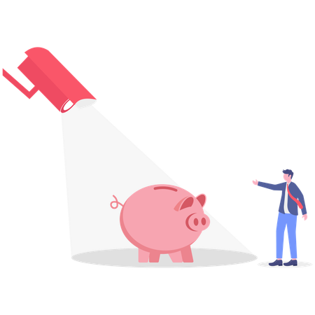 Businessman pointing piggy bank with cctv  Illustration