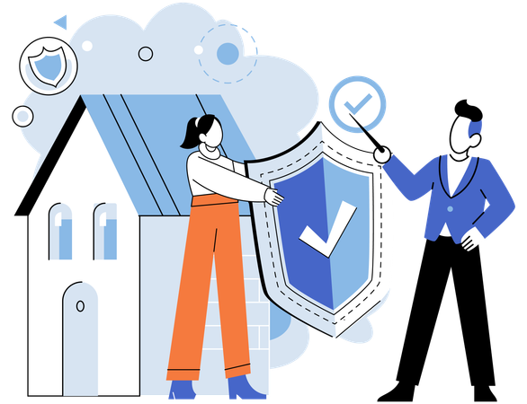 Businessman pointing property while woman giving insurance policy  Illustration