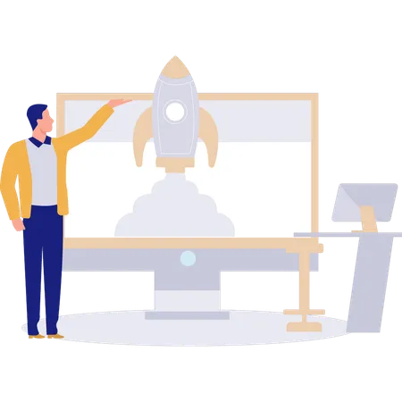 Businessman pointing rocket on monitor  Illustration