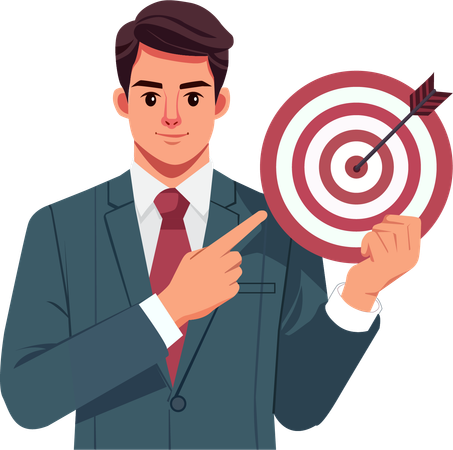 Businessman points at an arrow target indicating success or  clear goal  Illustration