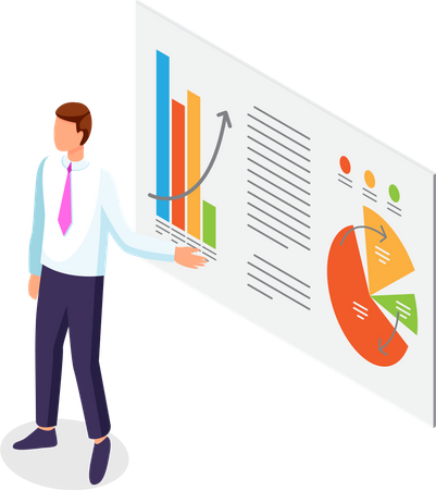Businessman points on presentation data report slide  Illustration