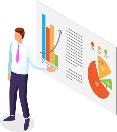Businessman Holds Presentation On A Large Stand Shows On Diagrams A Bar Pie Charts Data Analysis And Monitoring Anual Report Presentation Of The Company Promotion And Capital Investment Illustration