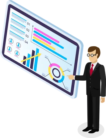 Isometric Image Of Cartoon Businessman With Glasses Points To Large Screen Tablet With Bar Chart Pie Chart Colorful Flowchart Team Performance Indicators Analytical Data Business Infographics Illustration