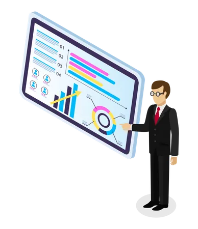 Isometric Image Of Cartoon Businessman With Glasses Points To Large Screen Tablet With Bar Chart Pie Chart Colorful Flowchart Team Performance Indicators Analytical Data Business Infographics Illustration
