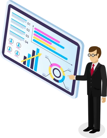 Businessman points to large tablet screen with analytical data  Illustration