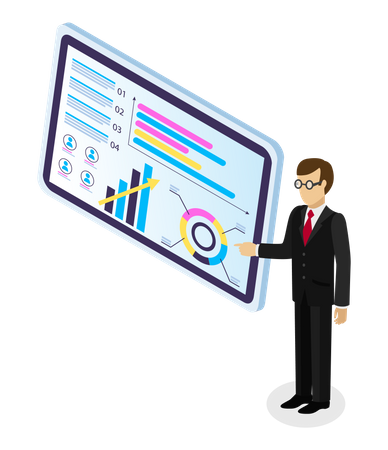 Businessman Points To Large Tablet Screen With Analytical Data  Illustration