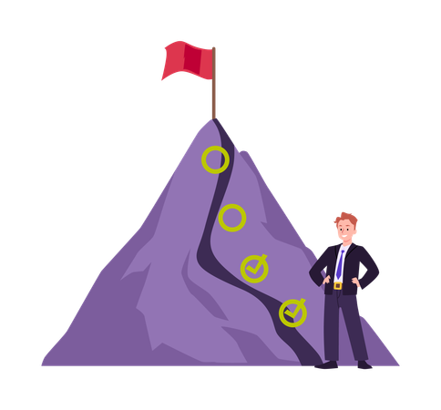 Businessman posing near the mountain with red flag and checkmarks vector time management to increase productivity  Illustration