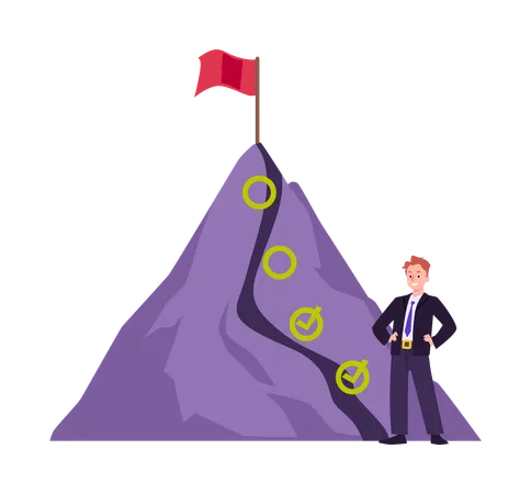 Businessman posing near the mountain with red flag and checkmarks vector time management to increase productivity  Illustration
