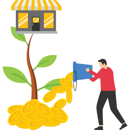Businessman pour coin water to plant with big shop flowers  Illustration